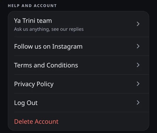 The Profile tab of Ya Trini. The last row is Delete Account.
